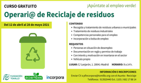 cartel del curso operario/a de Reciclaje de Residuos