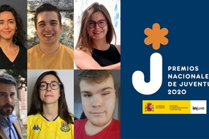 Los seis Premios Nacionales de Juventud 2020 junto al logo de la convocatoria